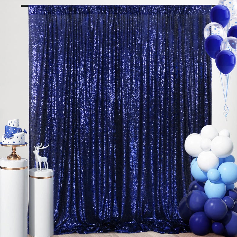 SquarePie Sequin Backdrop 8FT x 8FT Navy Blue Background Sparkly Curtain for Wedding Party - Image 1